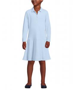 Школьная форма для девочек: платье-поло с длинными рукавами, сетчатой плиссировкой и рукавами Lands' End, Blue