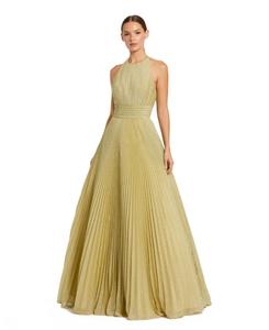 Женское блестящее плиссированное платье из жоржета с высоким воротником Mac Duggal, Gold