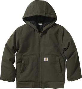 Carhartt Boys' Flannel-Lined Hooded Canvas Insulated Zip-Up Jacket, Olive