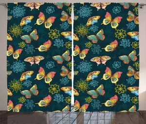 Шторы ABAKUHAUS в деревенском стиле с цветочным рисунком, бабочки и цветы, универсальные ленточные шторы для гостиной с петлями и крючками, 280 x 175 см, желто-голубой петролеум Abakuhaus