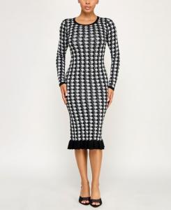 Детское миди-платье-свитер с пайетками, узором гусиная лапка и оборками по низу BCX, BLACK/WHITE