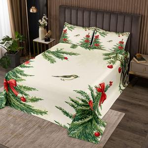 Erosebridal Комплект постельного белья с новогодним принтом птичек и бантиков, Beige Green