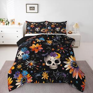 Erosebridal Комплект постельного белья Sugar Skull Bats с мультяшными готическими принтами для детей, Black Orange