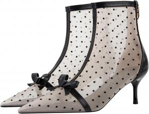 Женские сетчатые ботильоны с острым носком, шпилькой, в горошек, на средней высокой танкетке с бантом, летние, дышащие, для вечеринок, выпускного, под короткое платье FAGLKAK, Apricot