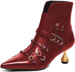 Женские ботильоны XYD с заостренным носком, металлический низкий каблук, множественные ремешки с пряжками, боковая молния, модная обувь для вечеринок, Red
