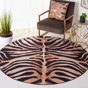 Ковер SAFAVIEH, 183 x 183 см, из коллекции Washable Rug Faux Hide - круглый, светлый оранжевый и черный, противоскользящий, принт Tiger Print, идеально для гостиной, спальни, домашнего офиса, столовой (FAH547P)