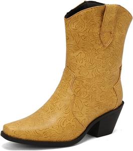 JTWSR Женские короткие сапоги вестерн, ковбойские ботильоны, кожаные на среднем каблуке, весенние, осенние, зимние, большие размеры 5-12, черные, синие, желтые, розовые, коричневые