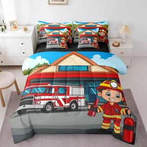 Erosebridal Комплект постельного белья Fire Truck с комфортером, простыней и наволочками в тематике пожарной станции, Red Blue