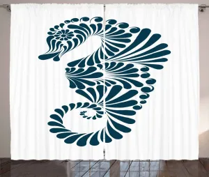 Штора ABAKUHAUS Морской конек в деревенском стиле, абстрактная изогнутая форма, универсальная ленточная штора для гостиной с петлями и крючками, 280 x 175 см, темно-синий с белым Abakuhaus