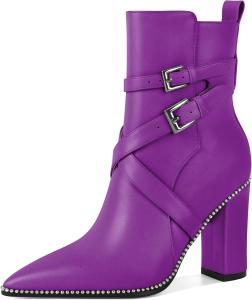 Женские ботильоны AUMOTED с заостренным носком, украшенные бисером, массивным каблуком 3,5 дюйма, с боковой молнией, вестерн-стиль, Matte Purple