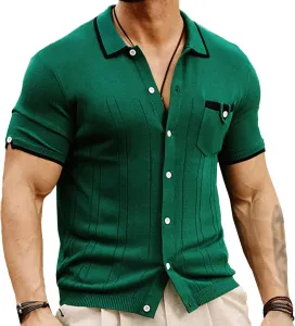 Мужская текстурированная пляжная рубашка на пуговицах в стиле vintage с полосками на лацкане PHJTOMK