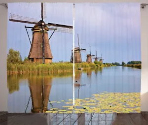 Штора ABAKUHAUS в голландском деревенском стиле Ветряная мельница от Kinderdijk Art, универсальная ленточная штора для гостиной с петлями и крючками, 280 x 225 см, нежно-голубой многоцветный Abakuhaus