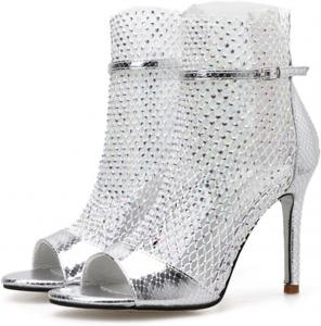 ETORYOOX Женские сетчатые босоножки на шпильке с открытым носком и стразами, повседневные сандалии на щиколотке с ремешком, открытые сзади с молнией, классические гладиаторские ботильоны, летние модные вечерние ботильоны на высоком каблуке