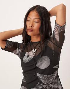 Футболка с сетчатым принтом ракушек Never Fully Dressed Petite черного цвета