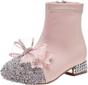 Kids Bowknot Sequin Sparkly Ankle Boots for Girls Low Heel Dress Booties 2024 Fashion Side Zipper Glitter Big Girl Shoe Generic, Pink