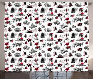 Шторы ABAKUHAUS в азиатском деревенском стиле, японская архитектура, присборенные, с петлями и крючками, 280 x 245 см, цвет: темно-коралловый, белый, черный Abakuhaus