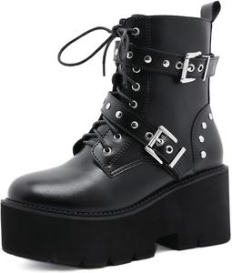 Женские ботильоны на платформе с высоким массивным каблуком, шнуровкой и в стиле панк, короткие боевые ботинки Generic, 12 Black