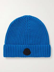 Хлопковая шапка в рубчик с логотипом и аппликацией MONCLER, синий