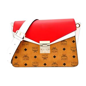 Сумка-баул из визетоса с кожаными деталями, средний размер, наплечная, через плечо, женская, красно-коричневый коньячный оттенок MCM