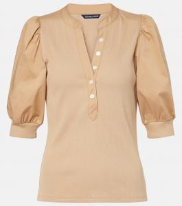 Топ из хлопковой смеси с рукавами-фонариками Veronica Beard, хаки