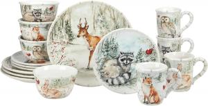 16-предметный керамический набор посуды Winter’s Walk , сервировка на 4 персоны - лисы, совы и олени в зимнем лесу Certified International, мультиколор