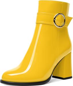 Женские ботильоны NUMALEO из лакированной кожи с повседневной молнией, для свиданий, с ремешком на щиколотке, круглым носком, пряжкой, массивным каблуком 3,3 дюйма, Yellow