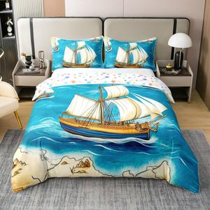 Erosebridal Хлопковый комплект постельного белья Sailboat с морским принтом в синих тонах, Blue Light Ivory