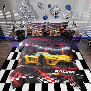 Erosebridal Детский комплект постельного белья с гоночными автомобилями для мальчиков, красный и черный медовый узор, спортивный дизайн, геометрический гексагон, Yellow Red