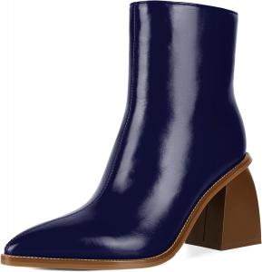Женские средние сапоги Esvowido до середины икры с высоким каблуком 3,5 дюйма, заостренным носком и массивным каблуком, короткие ботильоны с боковыми молниями для работы, свиданий и вечеринок, Navy