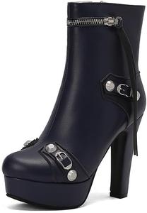 Женские европейские ботильоны с заклепками на массивном каблуке, сексуальные высокие каблуки, кожа, молния, платформенные ботильоны DNGHRN, Blue