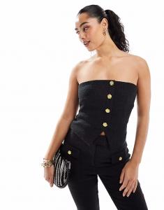 Эксклюзивный строгий топ-бандо Frolic из букле с разрезом спереди, отделкой в виде золотых цветочных пуговиц, черного цвета The Frolic