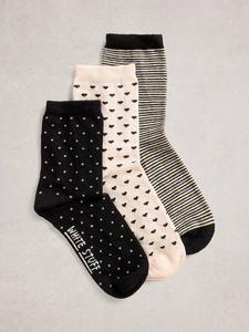 Хлопковые носки с сердечками, полосками и металлическим блеском до щиколотки White Stuff, Pack of 3, Black/Multi