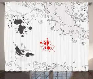 Штора в деревенском стиле ABAKUHAUS Sketchy, с изображением плавающих рыбок кои, универсальная тесьма для гостиной с петлями и крючками, 280 x 175 см, цвет: черный, белый, серый Abakuhaus