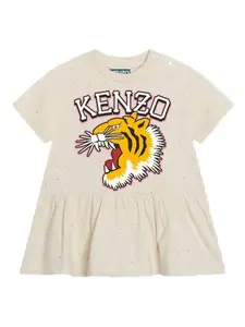 Платье с оборками и тигровым принтом Kenzo Kids, нейтральный