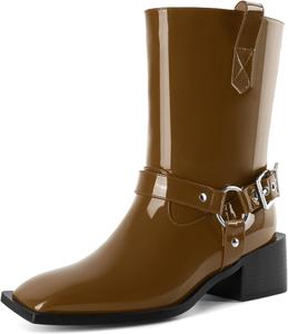 Женские ботинки Joseywade на низком каблуке 2 дюйма с молнией и металлическими пряжками, байкерские, до середины икры, размеры США 6-12, Patent Brown