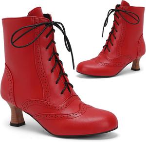 Женские ботильоны Alyaafifa на шнуровке с 2-дюймовым низким каблуком-китен, удобные заостренные закрытые носки, винтажные готические викторианские ботильоны до щиколотки, двухцветная матовая кожа, короткие ботинки для работы и вечеринки, Style C - Red