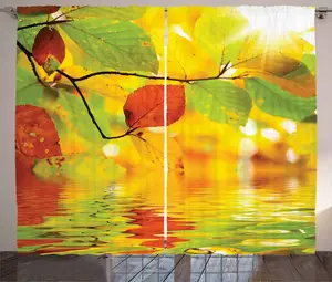 ABAKUHAUS Яркая деревенская штора, фото с разноцветными листьями, присборенная ленточная штора для спальни с петлями и крючками, 280 x 245 см, цвет: оранжевый, зеленый, желтый Abakuhaus