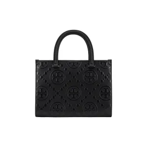 TORY BURCH Монограмма Т Контрастное Тиснение Квадратная Сумка Тота Чёрная