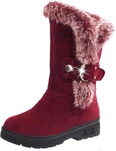 Женские водонепроницаемые уличные зимние ботинки Shijian с меховой подкладкой, противоскользящей подошвой, ремешком с пряжкой, круглым носком и плоской подошвой, Red