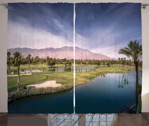 Штора ABAKUHAUS Golf Rustic, Живописный пейзаж, автор Chino, универсальная ленточная штора для гостиной с петлями и крючками, 280 x 225 см, оливково-зеленый, потолок синий Abakuhaus