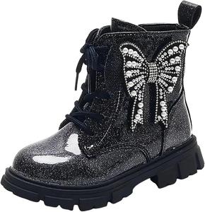 Девочковые ботильоны IWIHMIV, блестящие, теплые, с шнуровкой, короткие ботиночки для детей, с боковой молнией, противоскользящие уличные туфли, Black