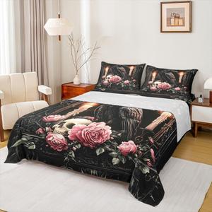 Erosebridal Комплект постельного белья Halloween Crow Gothic Rose Skull с ретро-цветочным принтом и скелетами, Black Pink Green