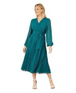 Женское миди-платье с длинными рукавами и плиссировкой, с запахом Yumi, Teal
