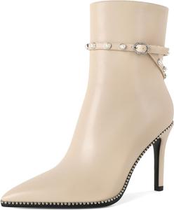 Женские ботильоны SAMMITOP, короткие сапожки с заостренным носком, стойка-кубита на высоком каблуке, модные туфли с бусинами, жемчужной пряжкой, для платья, каблук 4 дюйма