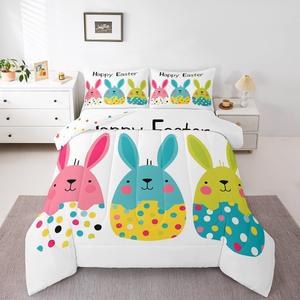 Erosebridal Комплект постельного белья Happy Easter с неоновыми кроликами и разноцветными зайцами в горошек для детей, Pink Teal Green