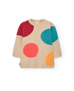 Вязаное платье для девочки в горошек с круглым вырезом Boboli, бежевый