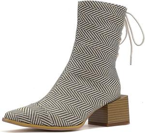 Женские классические ботильоны VOKLIN с квадратным носком, западным стилем, на молнии и шнуровке, с массивным средним каблуком, элегантные короткие ботинки, White/Stripe-Velvet Lined