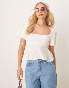 Топ Gina Tricot wavy textured jersey with puff sleeves and peplum hem in ecru white