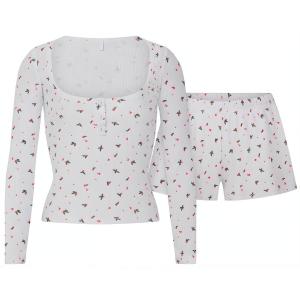 Комплект пижамы FW24 WAFFLE с длинным рукавом хенли и шортами Women's Cloud Holly Print Skims, Cloud Holly Print/Cloud Holly Print