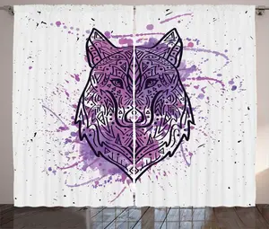 Штора ABAKUHAUS в деревенском стиле с рисунком волка, акварельный эскиз, присборенная тесьма для спальни с петлями и крючками, 280 x 225 см, бледно-сиреневый и фиолетовый цвета Abakuhaus